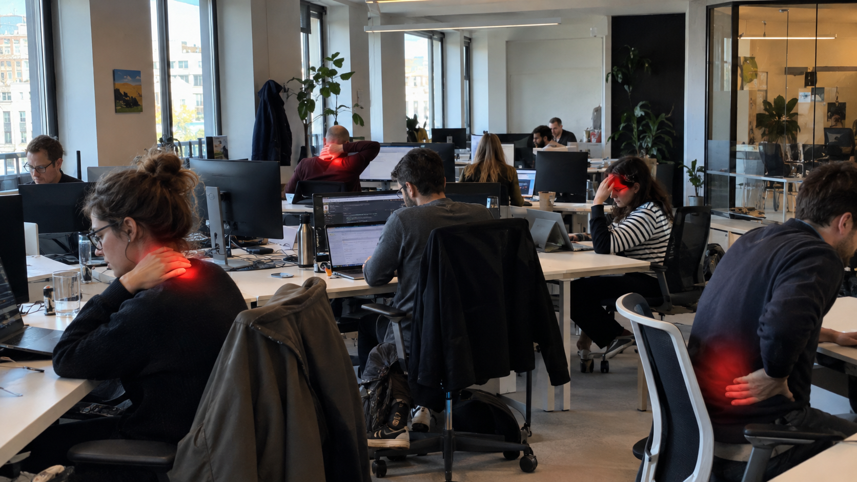 Office team dealing with everyday aches at their desks